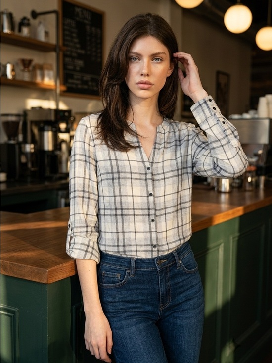 Calvin Klein Jeans Tops - Calvin Klein Women’s Cotton Flannel Shirt Plaid Collarless Roll Tab Sleeve Med